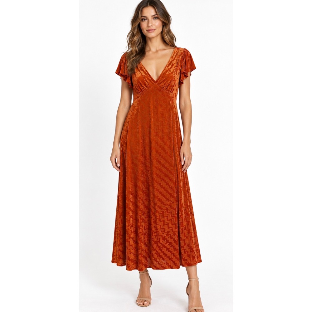 Calvin Klein Burnt Orange Velvet Burnout V-Neck Midi Dress CD5V2HL7 Size 8